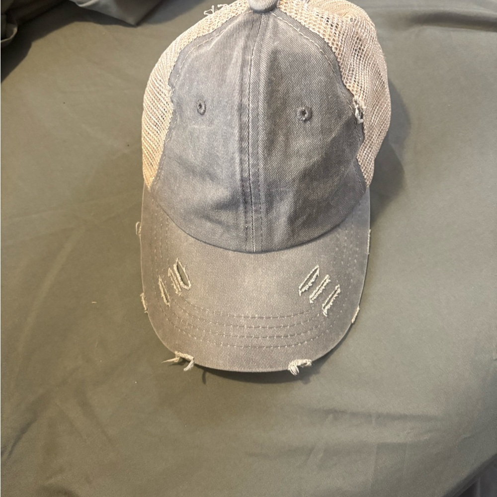 Distressed Gray and Tan Ponytail Cap